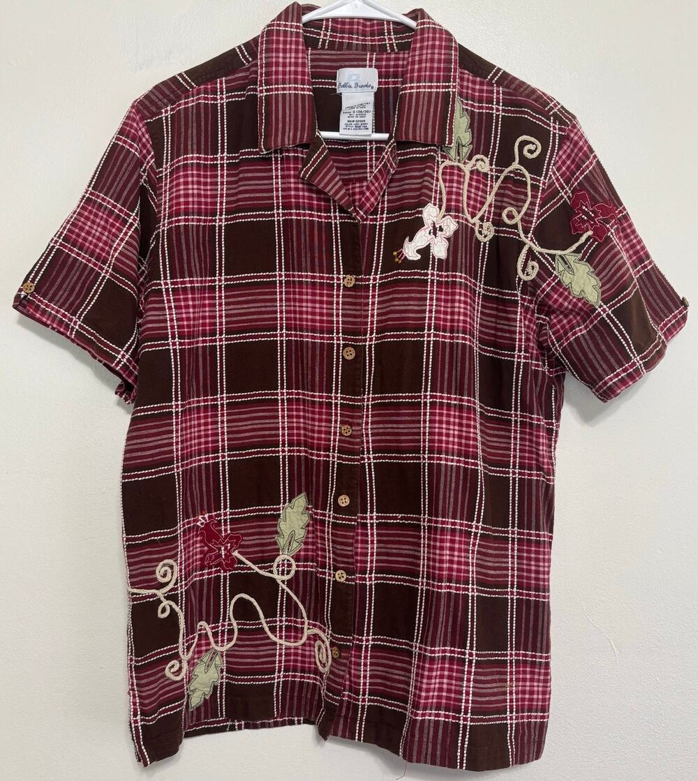 Bobbie Brooks Berry Plaid Embroidered Button Shirt L Cotton